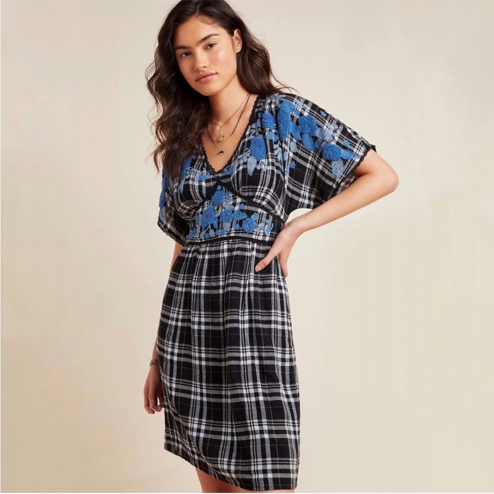 Anthropologie Sarah Plaid Embroidered Tunic Dress Floral‎ Embroidered Appliqué